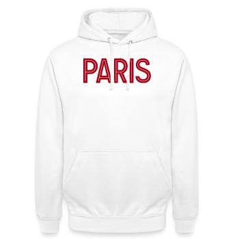 Paris Red Geometrische Typografie - Unisex Hoodie - Weiß - Vorne - AI Model Male 185 dark (185cm) & AI Model Female 172 dark (172cm)