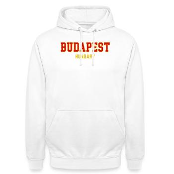 Budapest City Pride Varsity - Unisex Hoodie - Weiß - Vorne - AI Model Male 185 dark (185cm) & AI Model Female 172 dark (172cm)