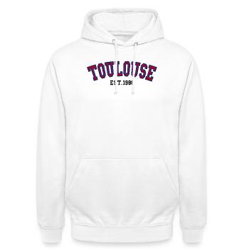 Toulouse fondée en 1986 - Sweat-shirt à capuche unisexe - blanc - Devant - AI Model Male 185 dark (185cm) & AI Model Female 172 dark (172cm)