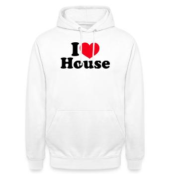 J’aime la maison - Sweat-shirt à capuche unisexe - blanc - Devant - AI Model Male 185 dark (185cm) & AI Model Female 172 dark (172cm)