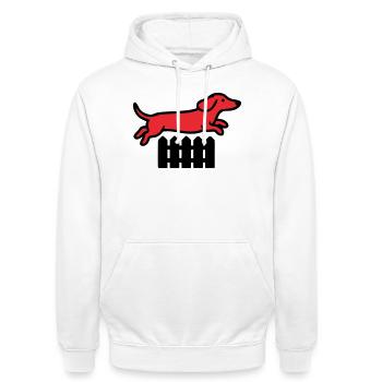 Agilité au saut de clôture teckel - Sweat-shirt à capuche unisexe - blanc - Devant - AI Model Male 185 dark (185cm) & AI Model Female 172 dark (172cm)