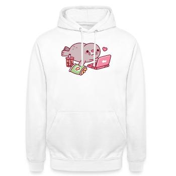Cute Chonky Seal Chilling With Laptop And Boba Tea - Unisex Hoodie - white - Front - AI Model Male 185 dark (185cm) & AI Model Female 172 dark (172cm)