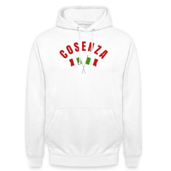 Cosenza Crossed Italian Flags - Unisex Hoodie - white - Front - AI Model Male 185 dark (185cm) & AI Model Female 172 dark (172cm)