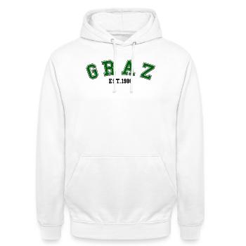Graz fondée en 1986 - Sweat-shirt à capuche unisexe - blanc - Devant - AI Model Male 185 dark (185cm) & AI Model Female 172 dark (172cm)