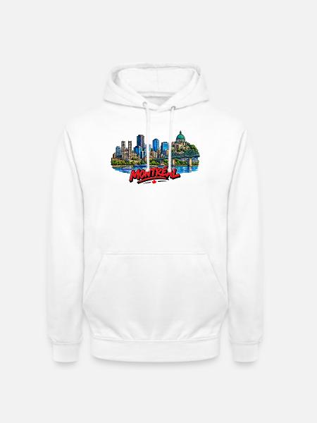 Montreal Skyline mit rotem Schriftzug - Unisex Hoodie - Weiß
