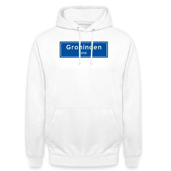 Groningen 050 plaatsnaambord - Uniseks hoodie - wit - Voor - AI Model Male 185 dark (185cm) & AI Model Female 172 dark (172cm)