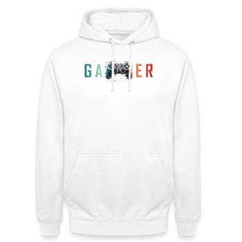 Gamer Schriftzug bunt Controller Splatter - Unisex Hoodie - Weiß - Vorne - AI Model Male 185 dark (185cm) & AI Model Female 172 dark (172cm)