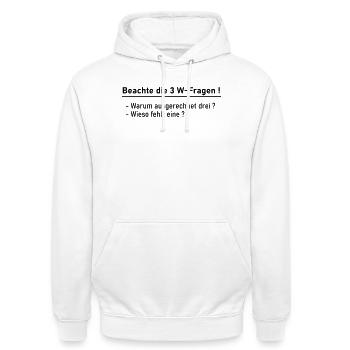 3 W-Fragen - Unisex Hoodie - Weiß - Vorne - AI Model Male 185 dark (185cm) & AI Model Female 172 dark (172cm)