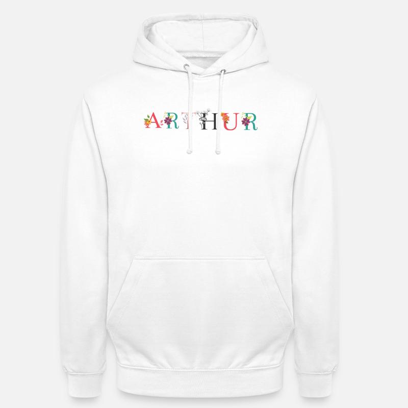 Art du nom ARTHUR avec fleurs brodées - Sweat-shirt à capuche unisexe - blanc
