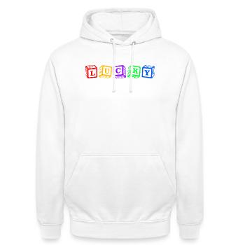Lucky – Conception colorée de lettres en cube 3D - Sweat-shirt à capuche unisexe - blanc - Devant - AI Model Male 185 dark (185cm) & AI Model Female 172 dark (172cm)