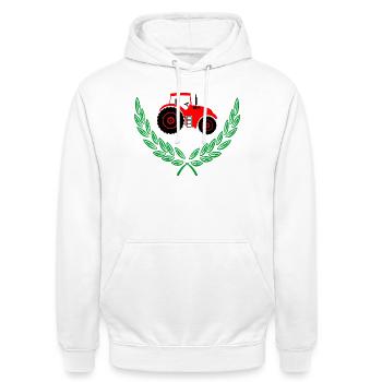 Roter Traktor im Lorbeerkranz - Unisex Hoodie - Weiß - Vorne - AI Model Male 185 dark (185cm) & AI Model Female 172 dark (172cm)