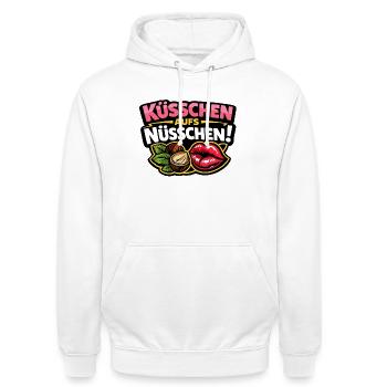 Bisous sur la noix – Baiser espiègle en disant - Sweat-shirt à capuche unisexe - blanc - Devant - AI Model Male 185 dark (185cm) & AI Model Female 172 dark (172cm)