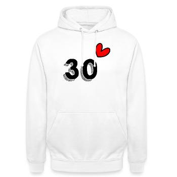 30. 30 YEARS. 30th ANNIVERSARY. 30 YEARS ANNIVERSARY. - Unisex Hoodie - white - Front - AI Model Male 185 dark (185cm) & AI Model Female 172 dark (172cm)