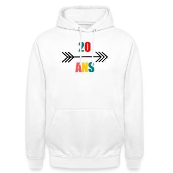 20. 20th ANNIVERSARY. 20 YEARS ANNIVERSARY. 20 YEARS. - Unisex Hoodie - white - Front - AI Model Male 185 dark (185cm) & AI Model Female 172 dark (172cm)