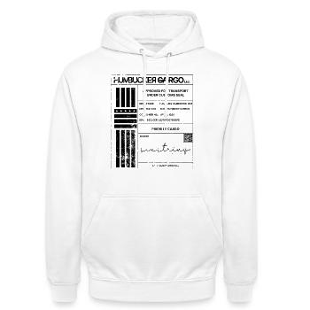 Shipping Label, black - Unisex Hoodie - white - Front - AI Model Male 185 dark (185cm) & AI Model Female 172 dark (172cm)