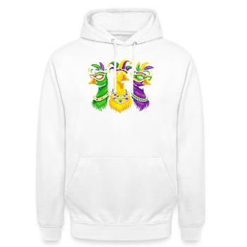 Trio de carnaval d’oiseaux masqués - Sweat-shirt à capuche unisexe - blanc - Devant - AI Model Male 185 dark (185cm) & AI Model Female 172 dark (172cm)