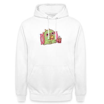 Süßer Dinosaurier entspannt und scrollt auf dem Handy - Unisex Hoodie - Weiß - Vorne - AI Model Male 185 dark (185cm) & AI Model Female 172 dark (172cm)