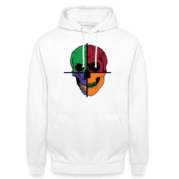 Vier geteilter Skelettschädel - Unisex Hoodie - Weiß - Vorne - AI Model Male 185 dark (185cm) & AI Model Female 172 dark (172cm)