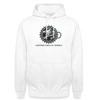 Caffeine Fuels My Wheels Cycling Tee - Unisex Hoodie - white - Front - AI Model Male 185 dark (185cm) & AI Model Female 172 dark (172cm)