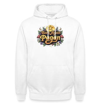 Born Again Pagan - Unisex Hoodie - white - Front - AI Model Male 185 dark (185cm) & AI Model Female 172 dark (172cm)