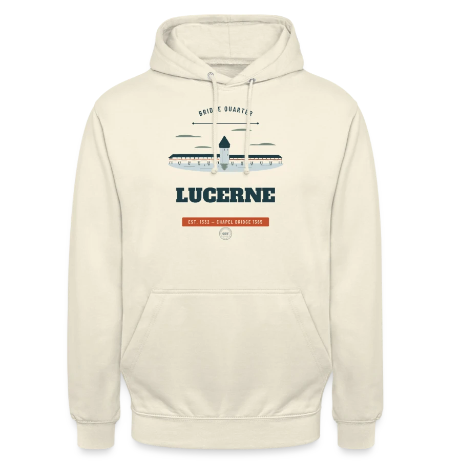 Lucerne badge on a unisex hoodie, vanilla