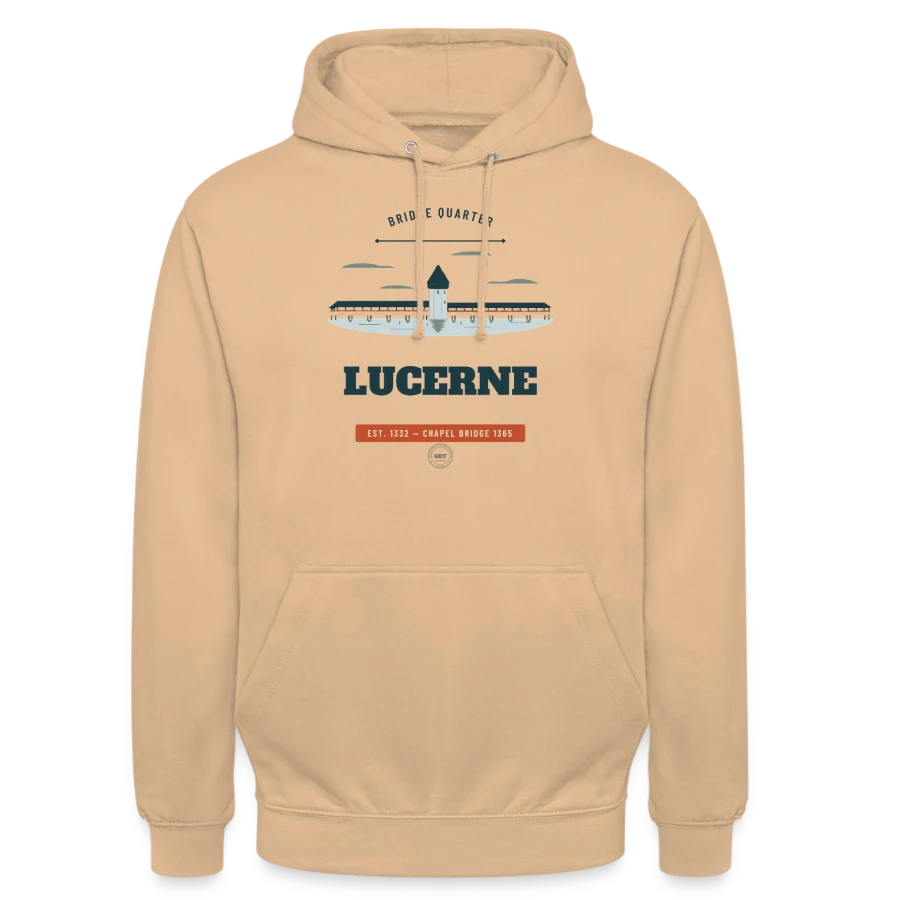 Lucerne badge on a unisex hoodie, peach