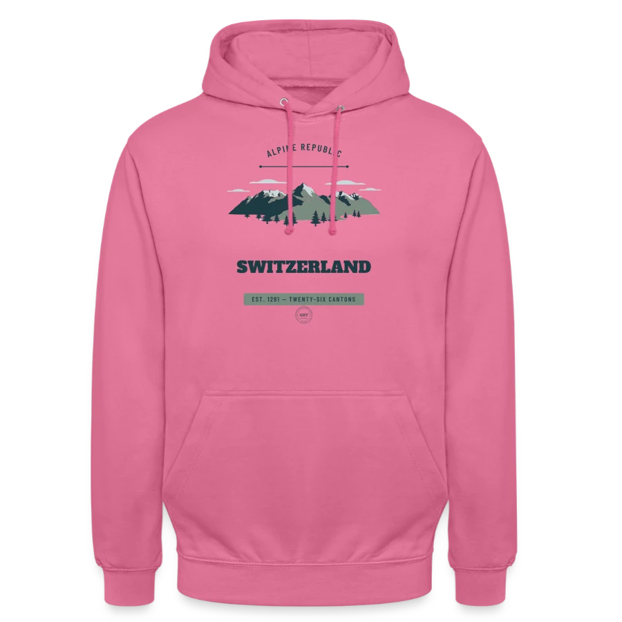 Switzerland badge on a unisex hoodie, pink