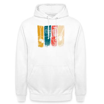 Retro Music Strip Art: Mikrofon und Gitarre - Unisex Hoodie - Weiß - Vorne - AI Model Male 185 dark (185cm) & AI Model Female 172 dark (172cm)