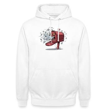 Wütender Briefkasten Ausbruch - Unisex Hoodie - Weiß - Vorne - AI Model Male 185 dark (185cm) & AI Model Female 172 dark (172cm)