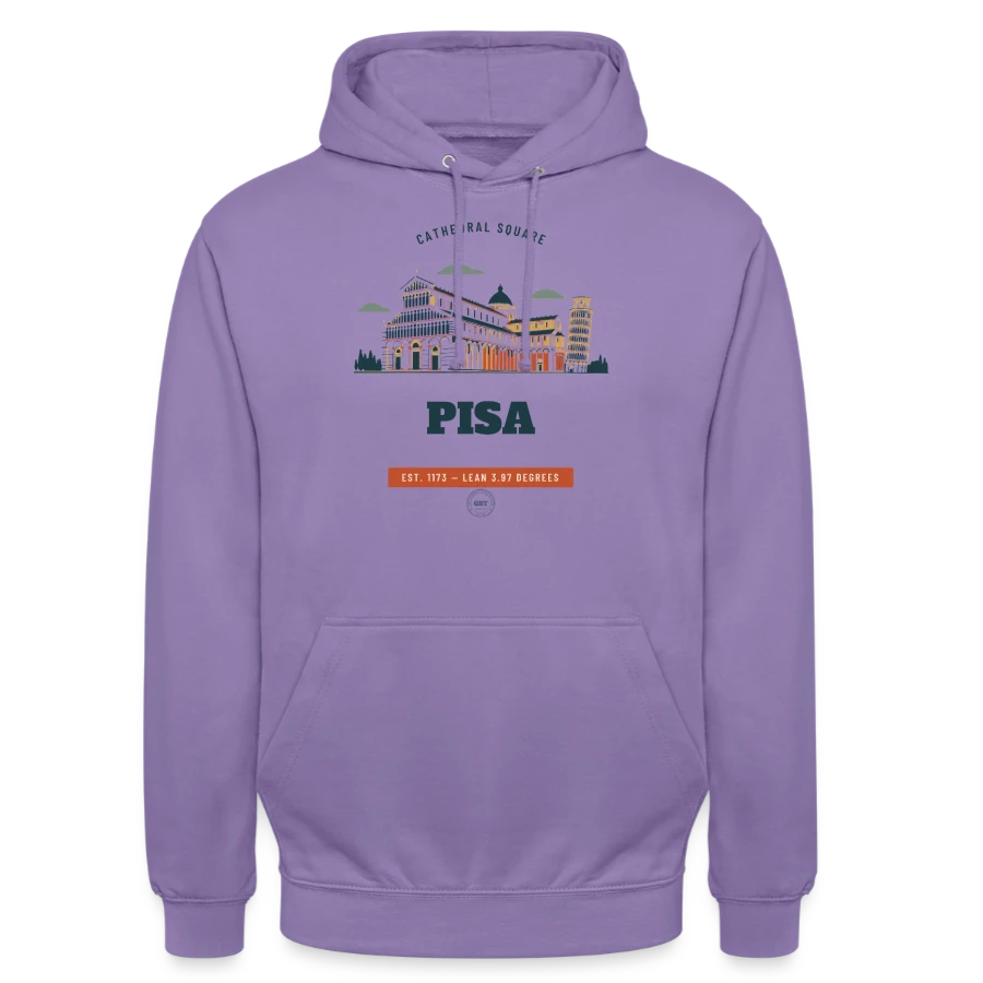 Pisa badge on a unisex hoodie, lavender, front