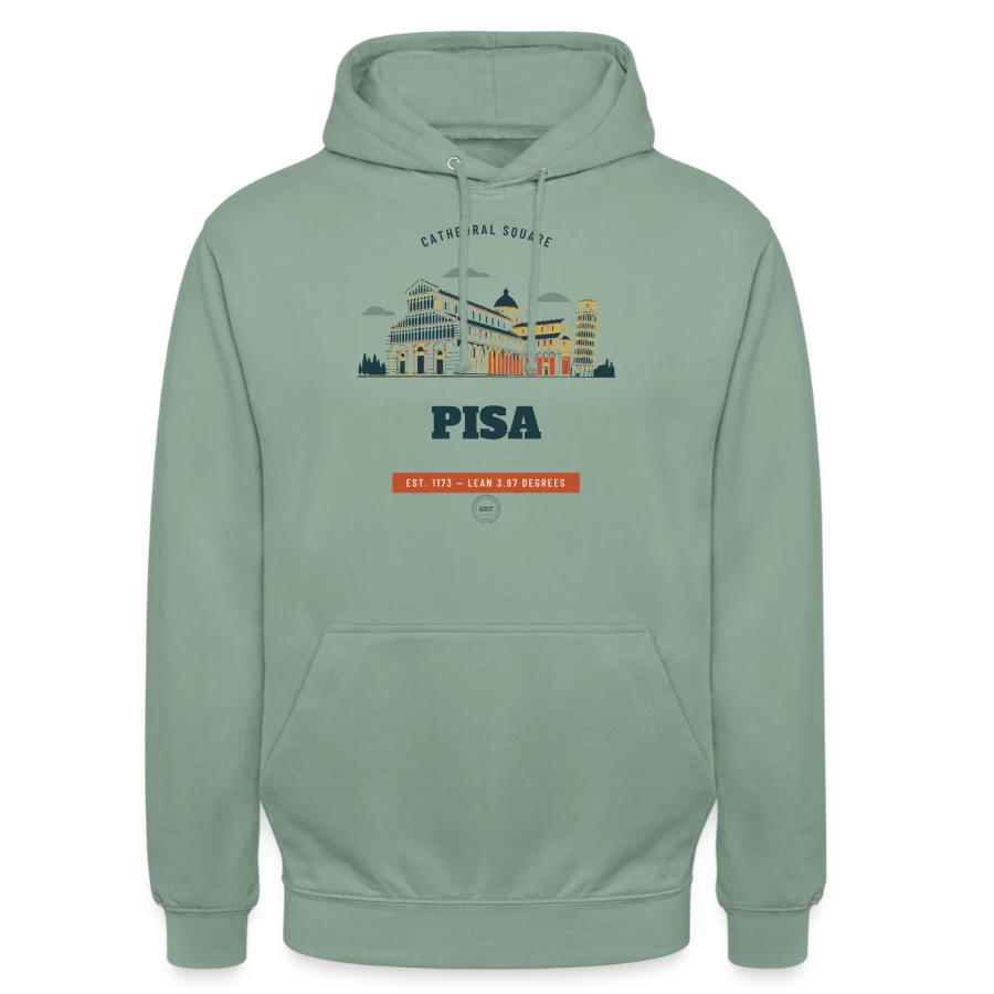 Pisa badge on a unisex hoodie, steel green, front