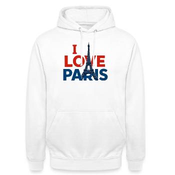 I Love Paris - Sweat-shirt à capuche unisexe - blanc - Devant - AI Model Male 185 dark (185cm) & AI Model Female 172 dark (172cm)