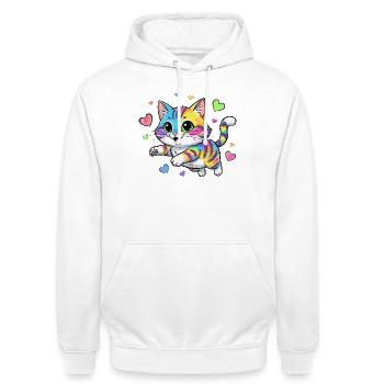 Chat arc-en-ciel au cœur - Sweat-shirt à capuche unisexe - blanc - Devant - AI Model Male 185 dark (185cm) & AI Model Female 172 dark (172cm)