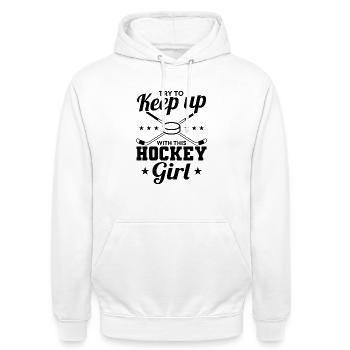 Eishockey Mädchen - Unisex Hoodie - Weiß - Vorne - AI Model Male 185 dark (185cm) & AI Model Female 172 dark (172cm)