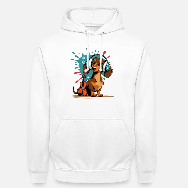 Teckel de musique d’hiver avec casque - Sweat-shirt à capuche unisexe - blanc
