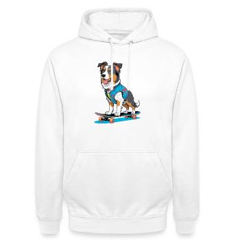 Skateboardhund im Jeansvest - Unisex Hoodie - Weiß - Vorne - AI Model Male 185 dark (185cm) & AI Model Female 172 dark (172cm)