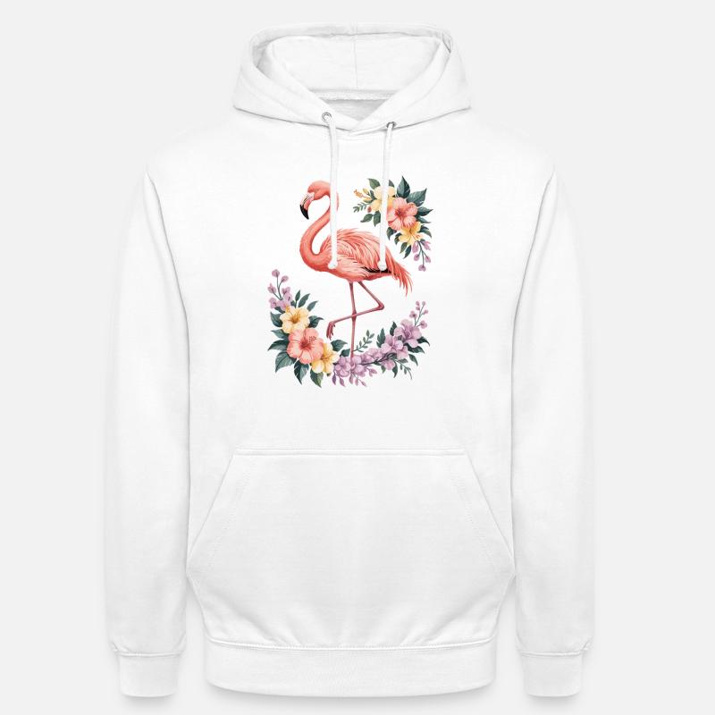 Flamant tropical avec des fleurs - Sweat-shirt à capuche unisexe - blanc