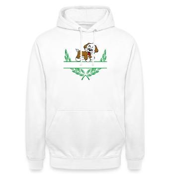 Doggie Laurel Wreath mit Namensraum - Unisex Hoodie - Weiß - Vorne - AI Model Male 185 dark (185cm) & AI Model Female 172 dark (172cm)