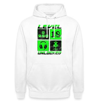 Level 18 Unlocked - Unisex Hoodie - white - Front - AI Model Male 185 dark (185cm) & AI Model Female 172 dark (172cm)