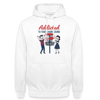 Accro à ce disque de disque volant au son de chaîne - Sweat-shirt à capuche unisexe - blanc - Devant - AI Model Male 185 dark (185cm) & AI Model Female 172 dark (172cm)