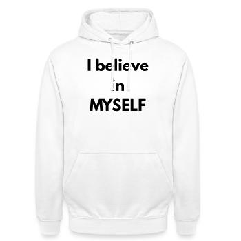 Ich glaube an MICH SELBST - Unisex Hoodie - Weiß - Vorne - AI Model Male 185 dark (185cm) & AI Model Female 172 dark (172cm)