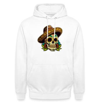 Zuckerschädel Sombrero Blumenkunst - Unisex Hoodie - Weiß - Vorne - AI Model Male 185 dark (185cm) & AI Model Female 172 dark (172cm)