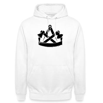 Zimmerer Zunftzeichen - Zimmermann Zunft - Unisex Hoodie - Weiß - Vorne - AI Model Male 185 dark (185cm) & AI Model Female 172 dark (172cm)