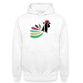 COQ. CHEVAL. POULE. COQ. ANIMAL. OISEAU. LICORNE. - Sweat-shirt à capuche unisexe - blanc - Devant - AI Model Male 185 dark (185cm) & AI Model Female 172 dark (172cm)