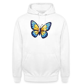 Blau Gelber Schmetterling - Unisex Hoodie - Weiß - Vorne - AI Model Male 185 dark (185cm) & AI Model Female 172 dark (172cm)