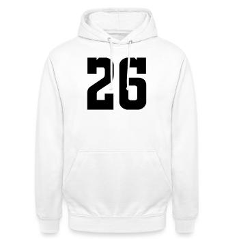 26 - Unisex Hoodie - Weiß - Vorne - AI Model Male 185 dark (185cm) & AI Model Female 172 dark (172cm)