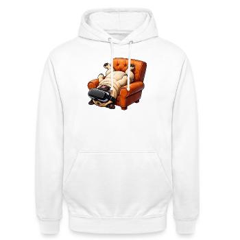 Mops mit VR Brille im Sessel - Unisex Hoodie - Weiß - Vorne - AI Model Male 185 dark (185cm) & AI Model Female 172 dark (172cm)