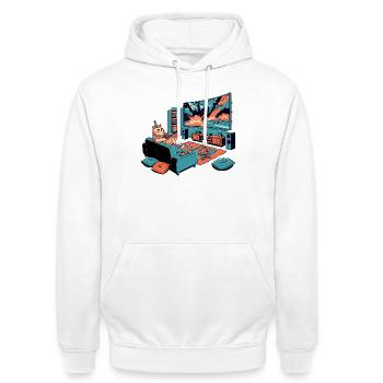 Thick Sofa Cat Chips TV Cinema Evening Cat Motif - Unisex Hoodie - white - Front - AI Model Male 185 dark (185cm) & AI Model Female 172 dark (172cm)