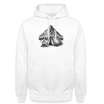 Mountain camping tent by the fire – line art - Unisex Hoodie - white - Front - AI Model Male 185 dark (185cm) & AI Model Female 172 dark (172cm)