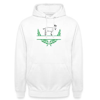 Ziegenlorbeerkranz mit Namensraum - Unisex Hoodie - Weiß - Vorne - AI Model Male 185 dark (185cm) & AI Model Female 172 dark (172cm)
